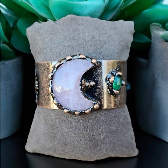 Moon and Sun Pink Quartz Copper Cuff Bracelet - Picture 1 of 6
